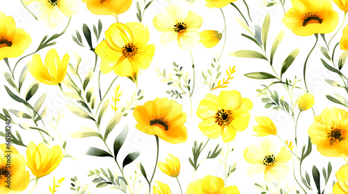 seamless yellow floral water color pattern on white background