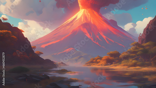 wallpaper sunset over the explosive volcano