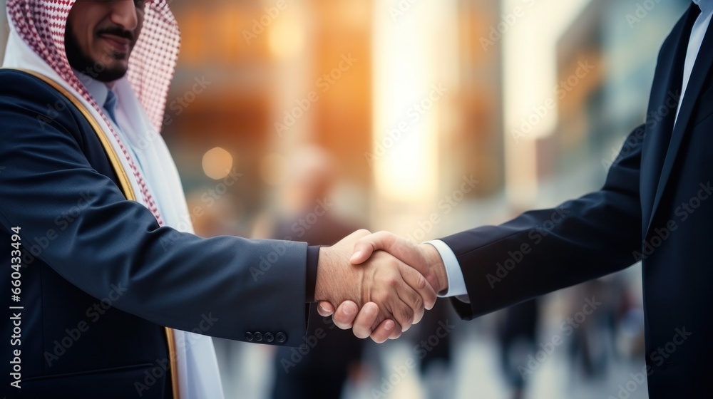 Arab businessman shakes hands with Russian businessman