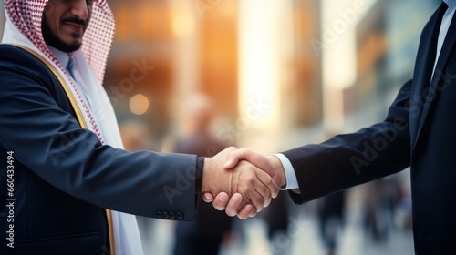 Arab businessman shakes hands with Russian businessman