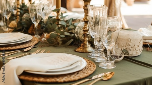 Sage green holiday tablescape, formal dinner table setting, table scape with decoration for wedding party and event celebration, generative ai