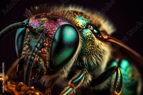 Stunning magnified view of a colorful bee, exhibiting its intricate features. Generative AI © Cassidy
