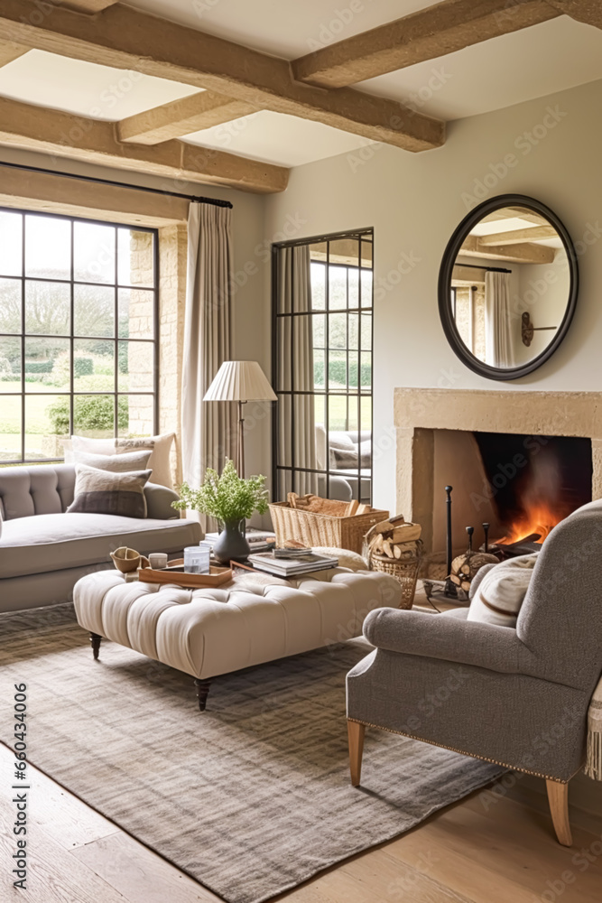 Fototapeta premium Modern cottage sitting room decor, interior design, living room furniture in neutral colours and fireplace, home decor in elegant English country house style, generative ai
