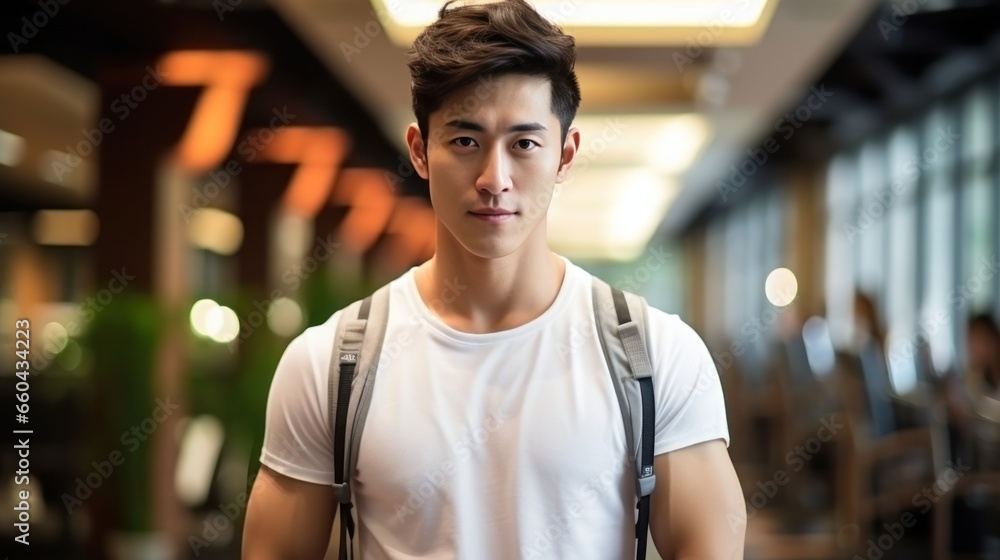 handsome chinese young man in sport wear in sporting club