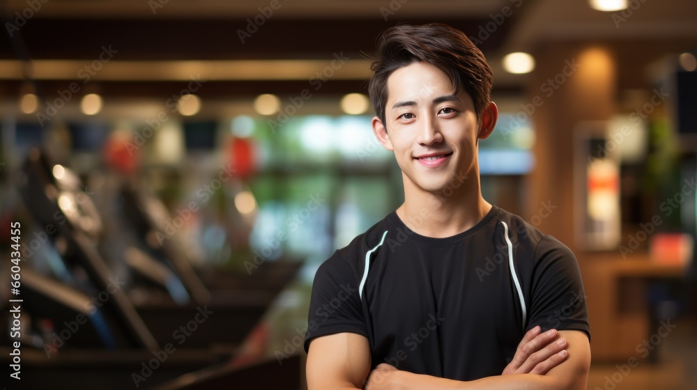 handsome chinese young man in sport wear in sporting club handsome chinese young man in sport wear in sporting club