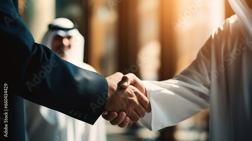 Arab businessman shakes hands with Russian businessman