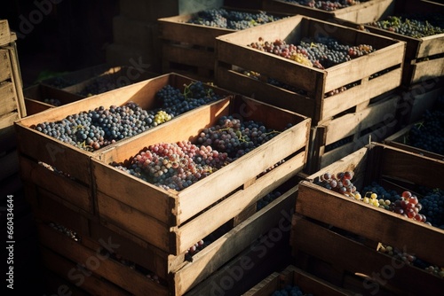 Grapes in crates for wine production. Generative AI photo