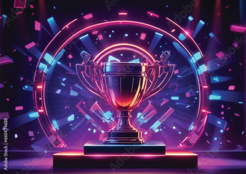 Trophy award. Champion winner cup, 3d gold soccer victory prize, tournament win golden confetti. Victory goblet