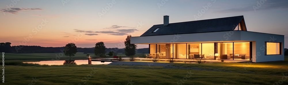 House with tranquil rural life. Sunset in meadow golden hour in countryside. Summer evening. Picturesque village. Nature canvas at dusk