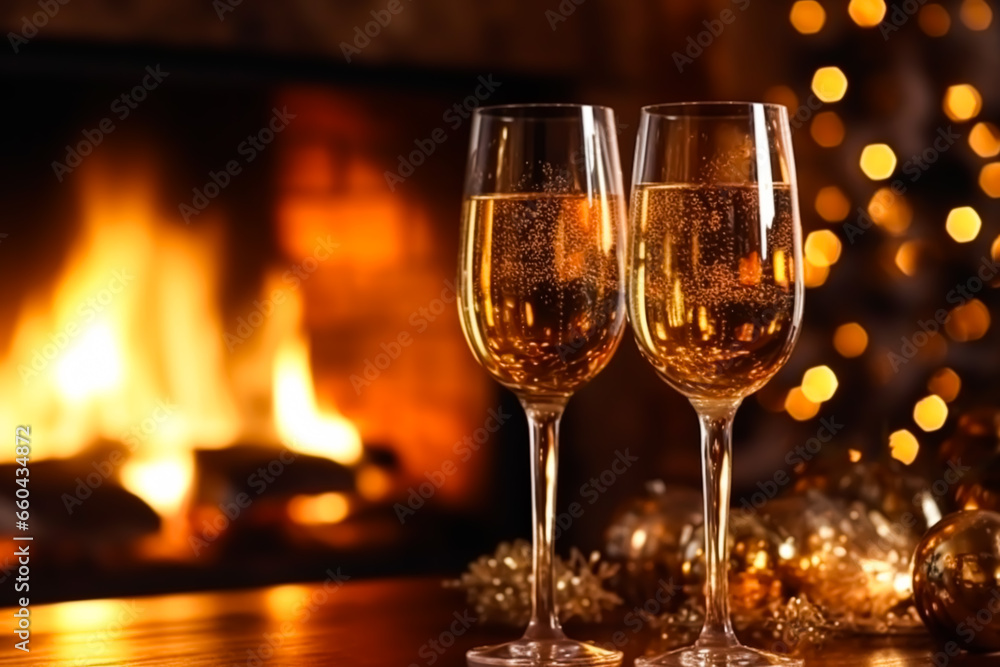 Sparkling wine, proseco or champagne in front of a fireplace on a holiday eve celebration, Merry Christmas, Happy New Year and Happy Holidays