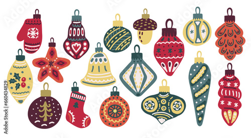 Set of Christmas balls toys. ball with hand drawing ornaments. Xmas, new year design. Isolated collection