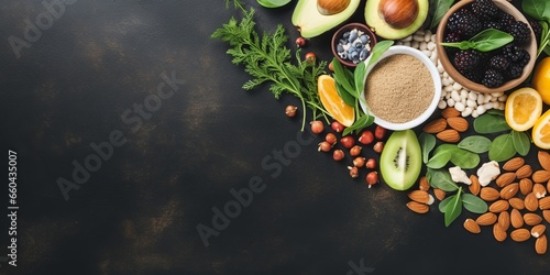Engage in healthy cooking with a vibrant flat lay, featuring fresh fruits, nuts, and seeds, beautifully arranged with thoughtful empty space, viewed from above. photo