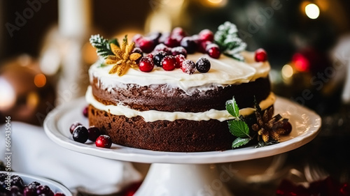 Christmas cake, holiday recipe and home baking, pudding with creamy icing for cosy winter holidays tea in the English country cottage, homemade food and cooking