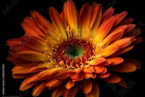 A macro image of a vibrant orange flower with multicolored center against a black backdrop. Generative AI