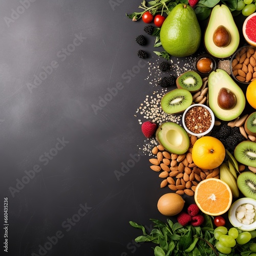 Engage in healthy cooking with a vibrant flat lay  featuring fresh fruits  nuts  and seeds  beautifully arranged with thoughtful empty space  viewed from above.