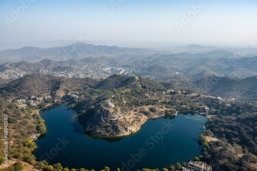 Aerial view of Nakki Lake and Mount Abu, a hill station in Rajasthan, India. Generative AI © Miriam
