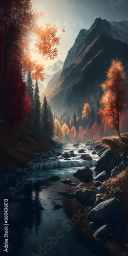 Beautiful autumn forest landscape in mountains river with colorful leaves realistic cinematic award winning photography professional color grading soft shadows no contrast clean sharp focus film 