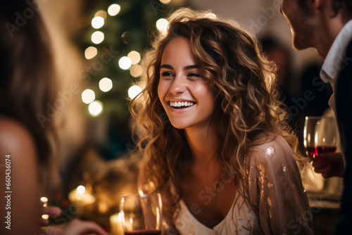 portrait of happy young girl celebrating Christmas at home party. celebration and holidays concept.