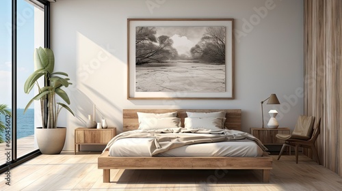 Mockup frame in cozy beige bedroom interior background. © Juan