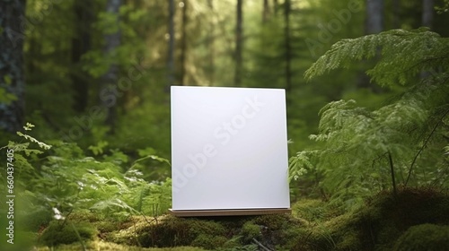 a white square sign is sitting in a forest full of fernes photo