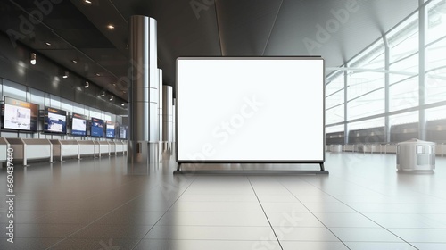 an empty sign in an airport lobby, with sunlight streaming out the windows