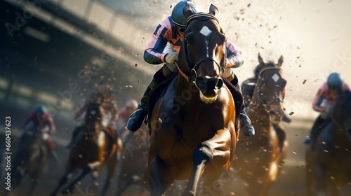 Feel the pulse-pounding intensity as crafted racehorses give it their all on the digital racetrack.  photo