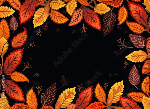 Autumn photo frame on a black background with yellow, orange, and red leaves, perfect for adding text. Generative AI