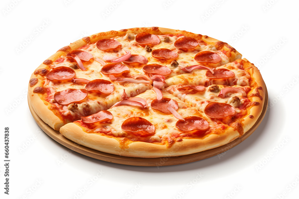 focused shot of a pizza on white background. Generative Ai