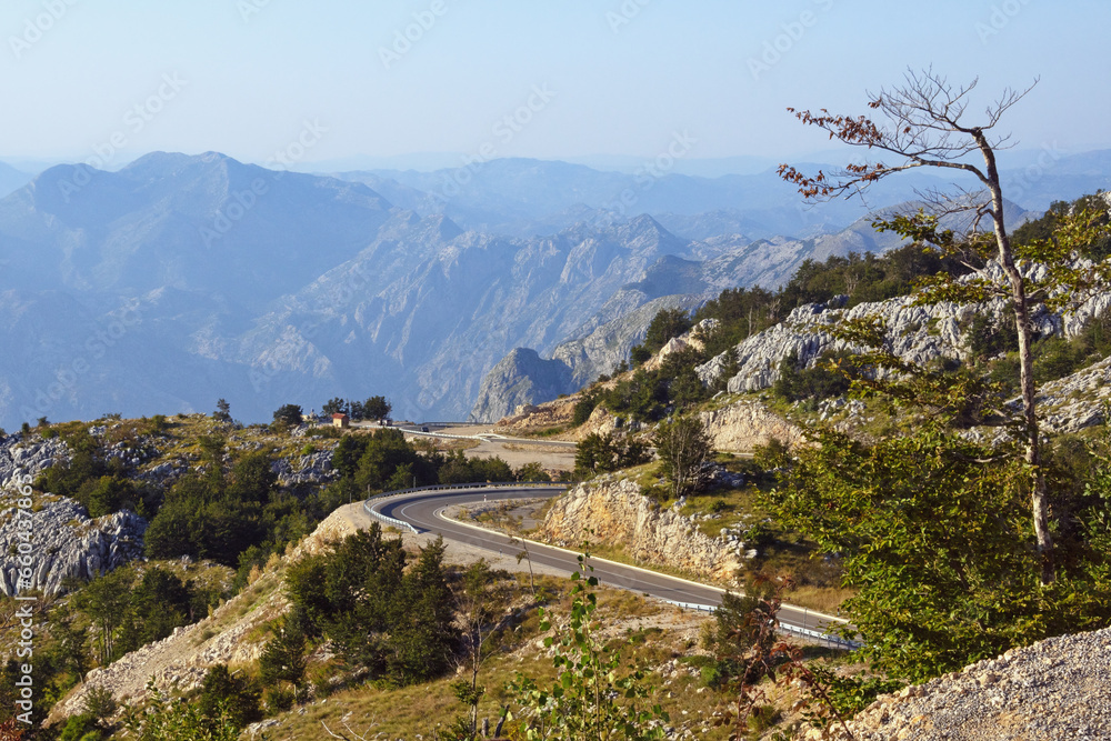 Beautiful  mountain landscape on sunny autumn day.  Balkans road trip. Montenegro, Kotor region