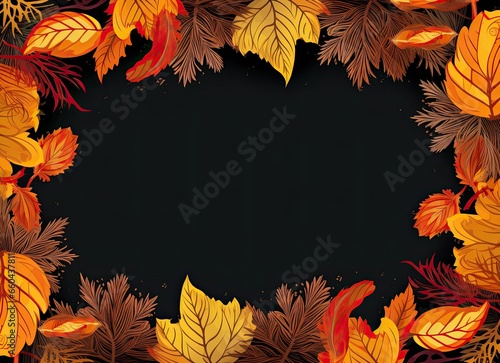 Autumn photo frame on a black background with yellow, orange, and red leaves, perfect for adding text. Generative AI