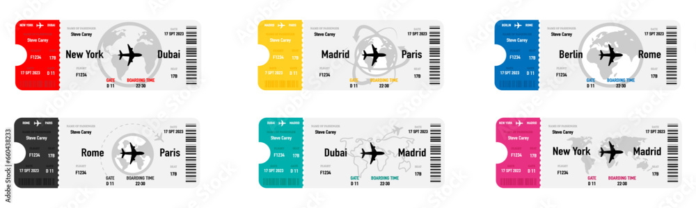 Airline ticket templates. Plane tickets illustration. Flight boarding pass collection. Airway ticket set. Airline coupons. Vector Illustration. Vector graphic. EPS 10 - obrazy, fototapety, plakaty 