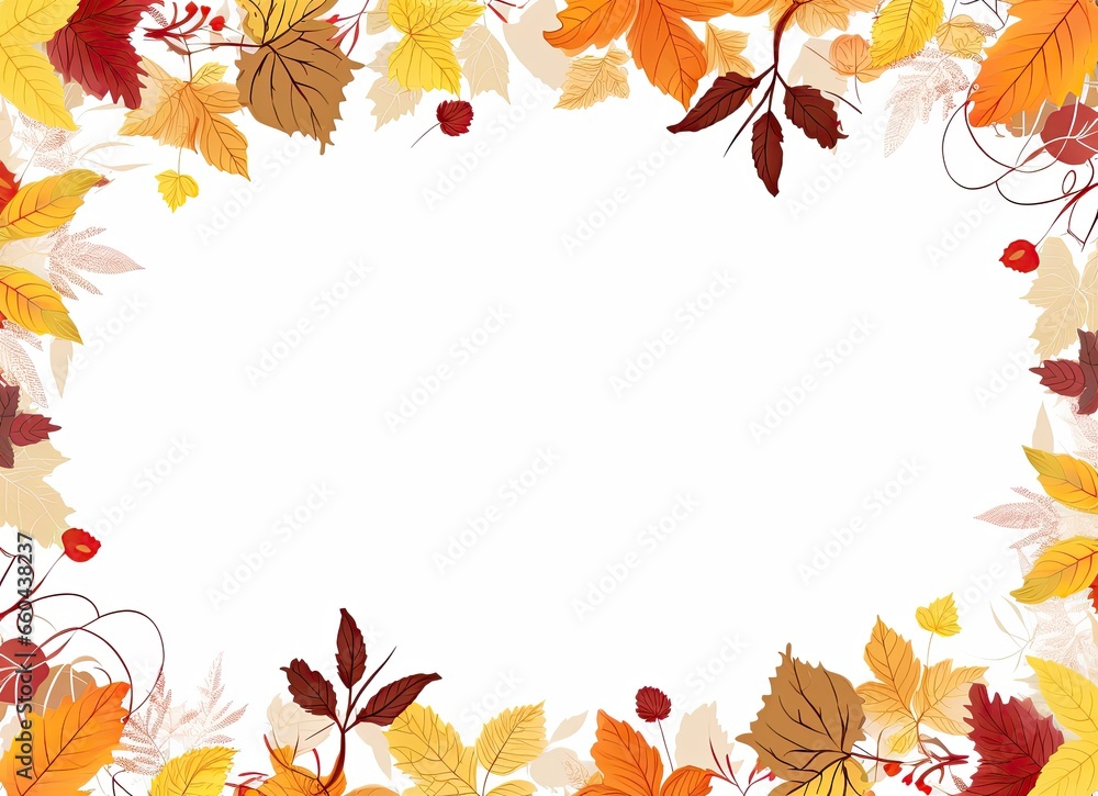 Autumn photo frame on a white background with yellow, orange, and red leaves, perfect for adding text. Generative AI