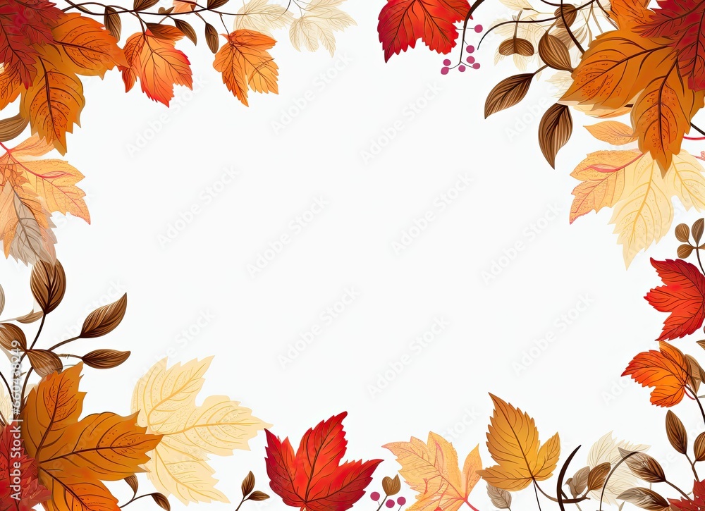 Autumn photo frame on a white background with yellow, orange, and red leaves, perfect for adding text. Generative AI