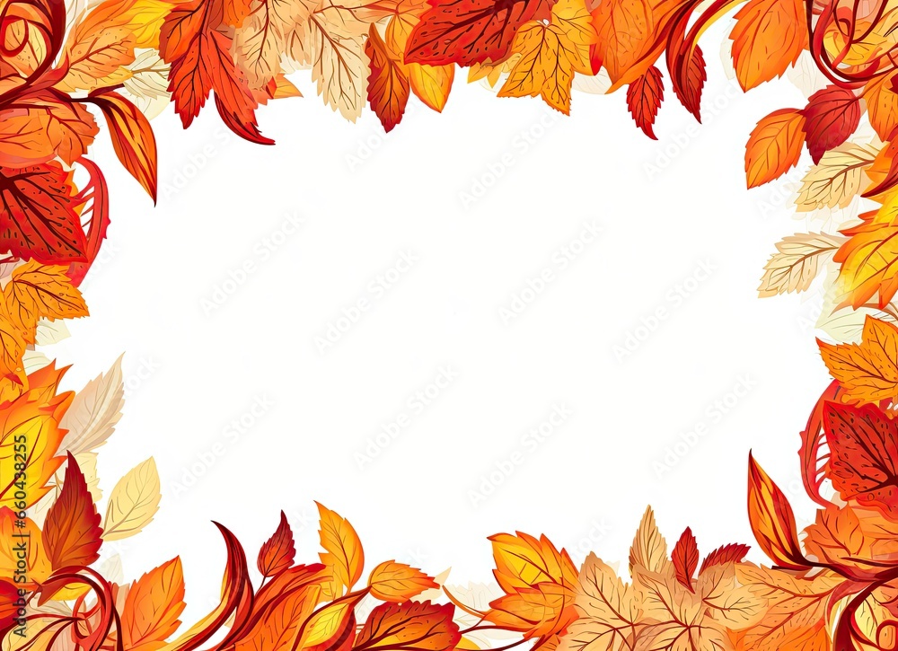 Autumn photo frame on a white background with yellow, orange, and red leaves, perfect for adding text. Generative AI