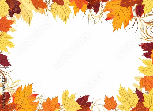 Autumn photo frame on a white background with yellow, orange, and red leaves, perfect for adding text. Generative AI