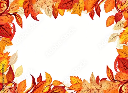 Autumn photo frame on a white background with yellow, orange, and red leaves, perfect for adding text. Generative AI