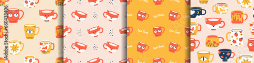 Vector set of seamless patterns with different cups of tea or coffee. Trendy backgrounds with ceramic mugs with various ornaments. Collection with patterns with modern drink cups.