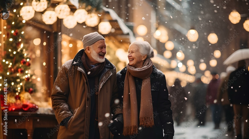 An elderly happy couple walking down the street against the background of a Christmas city with falling snowflakes.
