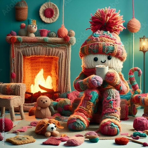 AI generated illustration of a cozy home scene with an adorable handmade crochet stuffed toy photo