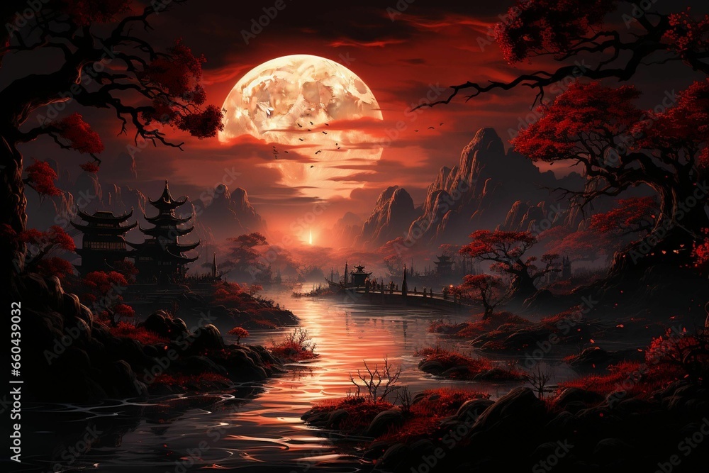 AI generated illustration of a full moon shining in the night sky above ...
