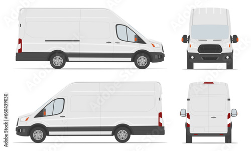 White cargo van car template in different angles. Vector illustration.