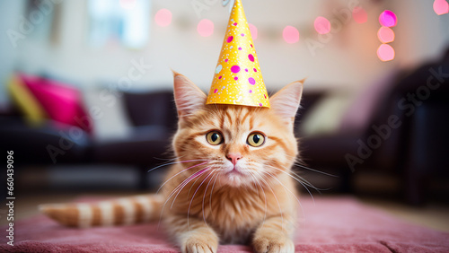 A perplexed cat with a cone hat on its head receiving a happy birthday photo