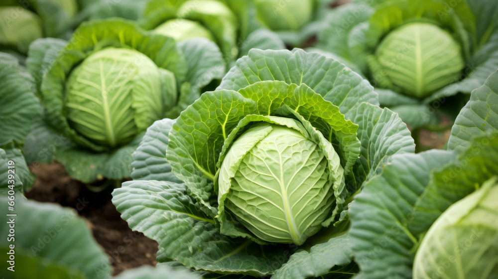 Fototapeta premium Cabbage growing in a garden, Generative AI