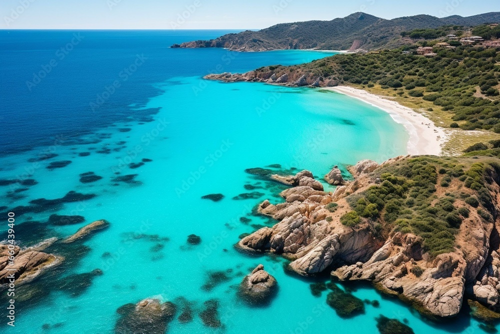 Aerial view of breathtaking Ira beach on stunning Sardinia's Emerald Coast with crystal-clear turquoise sea. Generative AI - obrazy, fototapety, plakaty 
