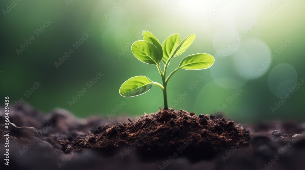 Young plant growing in soil, natural green background, Generative AI Young plant growing in soil, natural green background, Generative AI