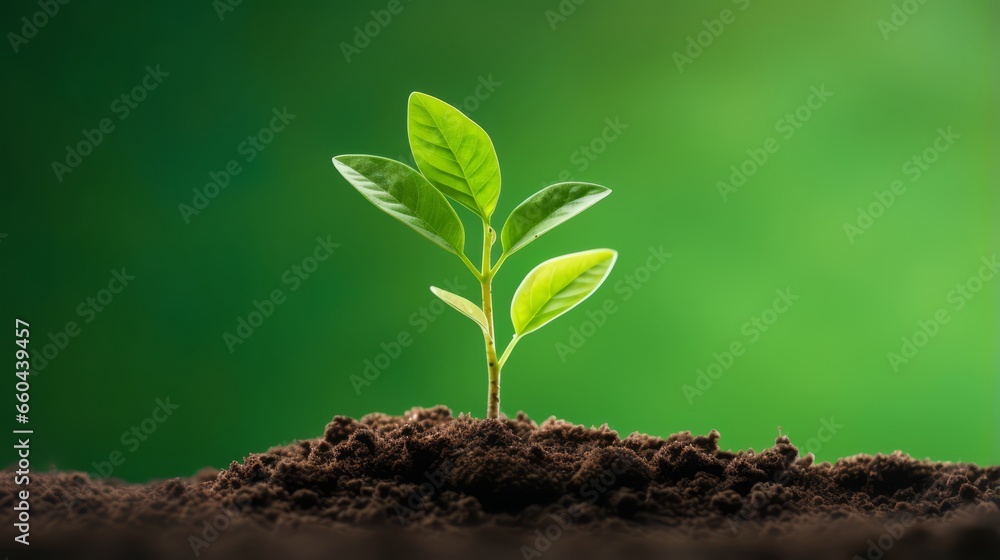 Young plant growing in soil, natural green background, Generative AI Young plant growing in soil, natural green background, Generative AI