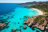 Aerial view of breathtaking Ira beach on stunning Sardinia's Emerald Coast with crystal-clear turquoise sea. Generative AI