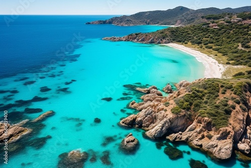 Aerial view of breathtaking Ira beach on stunning Sardinia's Emerald Coast with crystal-clear turquoise sea. Generative AI