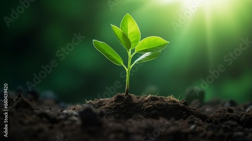 Young plant growing in soil, natural green background, Generative AI