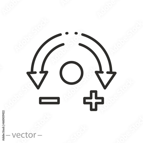 rotate left right icon, adjust more less, increase or decrease, plus or minus rotation, thin line symbol - editable stroke vector illustration